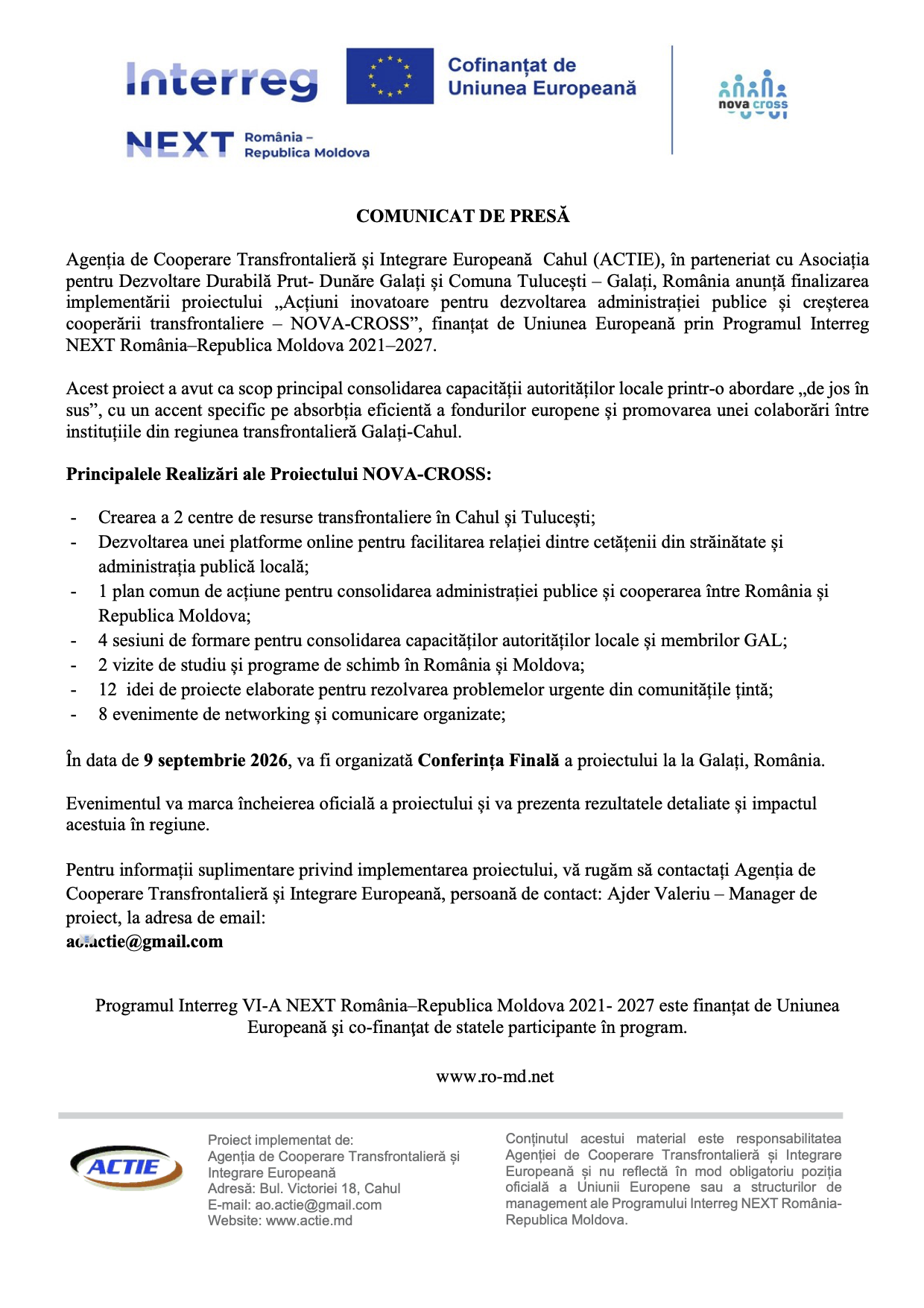 Comunicat NOVA CROSS PP2 ACTIE conferinta finala