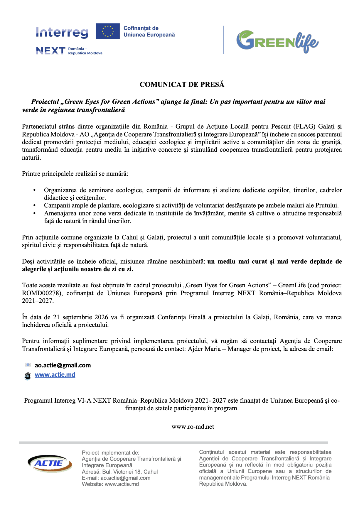 Comunicat de presa finalizare proiect
