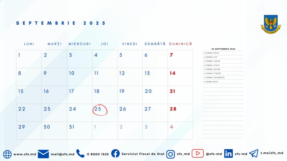Calendarul fiscal al contribuabilului pentru luna septembrie 2025  