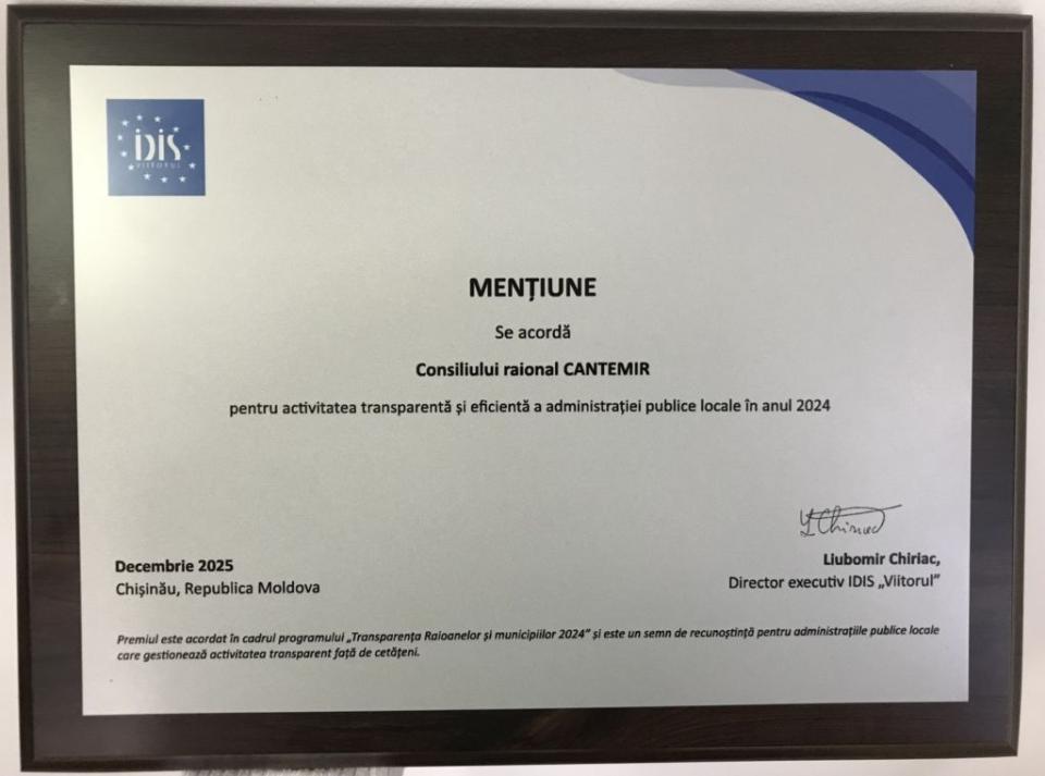 Consiliul raional Cantemir, menționat pentru transparență și eficiență administrativă