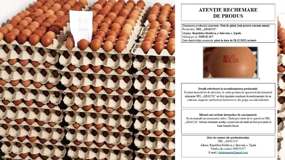 Ouă retrase de pe piață în Republica Moldova. ANSA anunță depistarea unui antibiotic în produs
