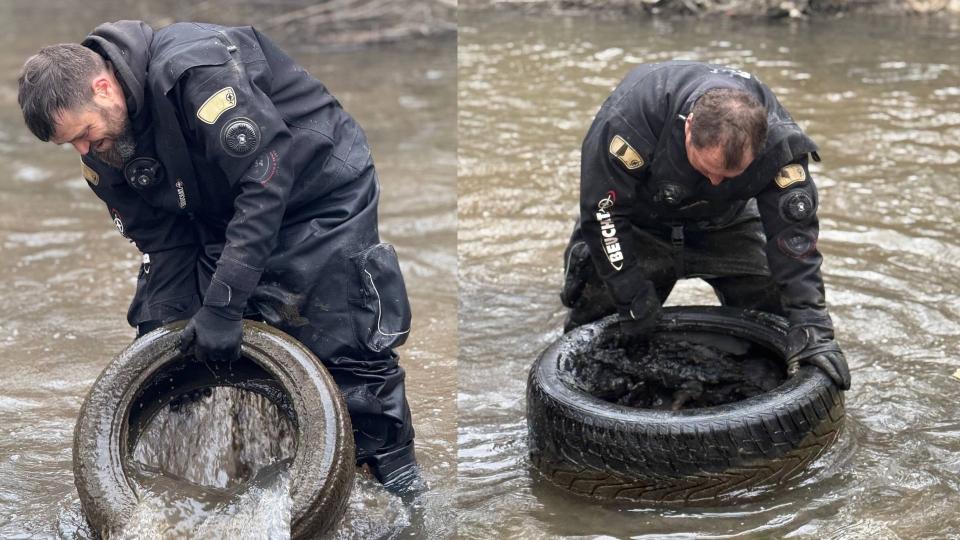 Bâcul sufocat de anvelope: peste 400 de cauciucuri uzate scoase din albie