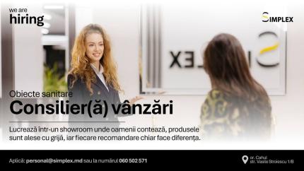 SIMPLEX angajează Consilier(ă) Vânzări în Cahul - salariu 13.000–30.000 MDL și oportunități reale de creștere