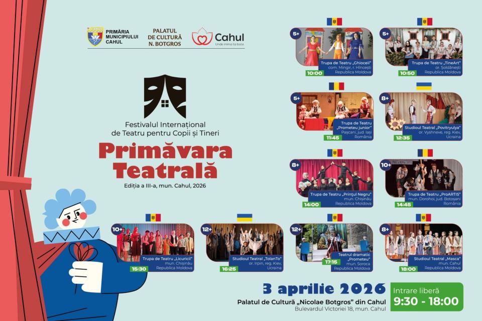 Cahul găzduiește pe 3 aprilie Festivalul Internațional de Teatru pentru Copii și Tineri „Primăvara Teatrală”