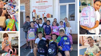 800 de copii din opt județe ale României au primit ghiozdane și rechizite prin campania „Ambasadorii Educației”