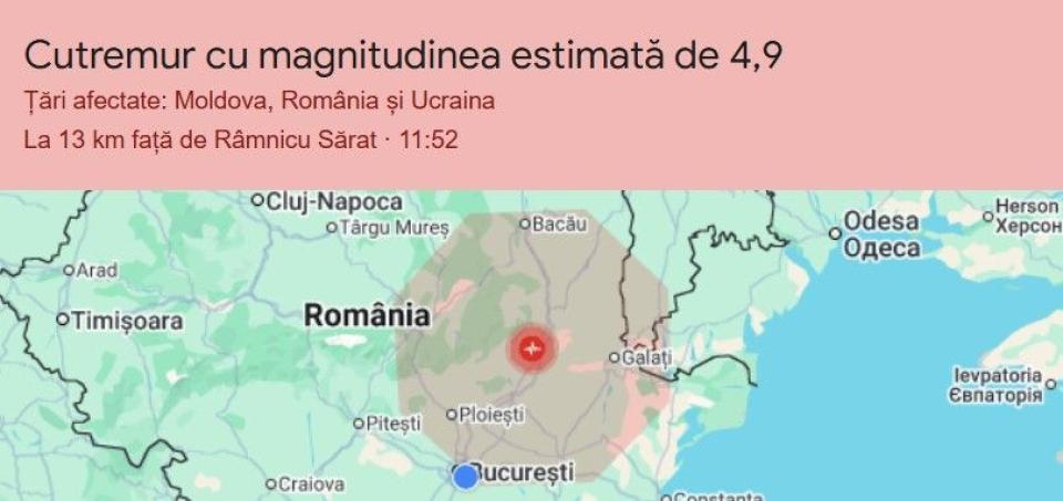 Cutremur cu magnitudinea de 4,8 în zona Vrancea, resimțit și în Republica Moldova
