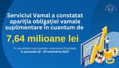 Obligații vamale suplimentare de 7,64 milioane lei, constatate de Serviciul Vamal