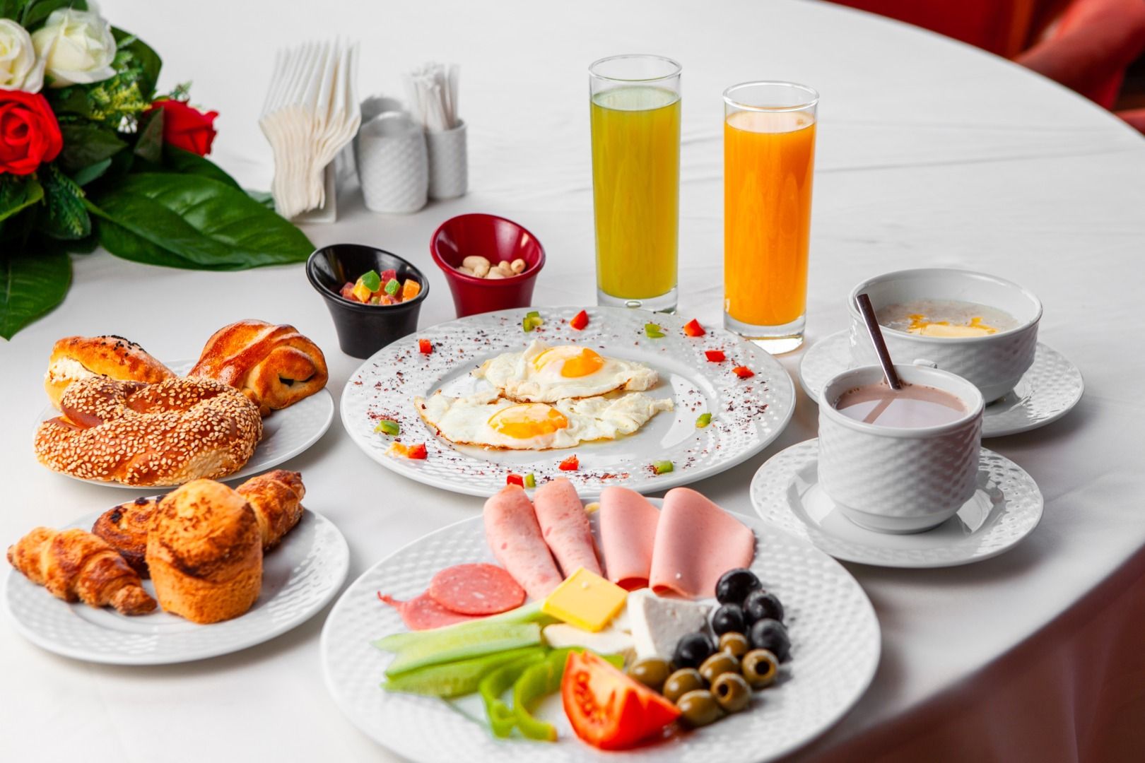 set salad fried eggs pastry delicious breakfast table white background high angle view