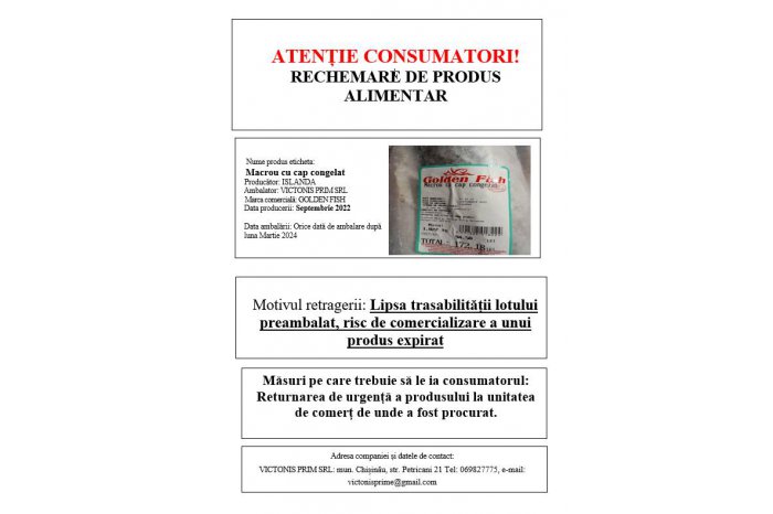 ANSA dispune retragerea unui produs alimentar din comerț din cauza riscurilor pentru siguranța consumatorilor