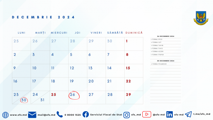 Calendarul fiscal al contribuabilului pentru luna decembrie 2024